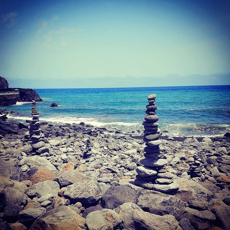 portugal, jardim do mar, sky, stones, rocks, blue, see, water, HD wallpaper