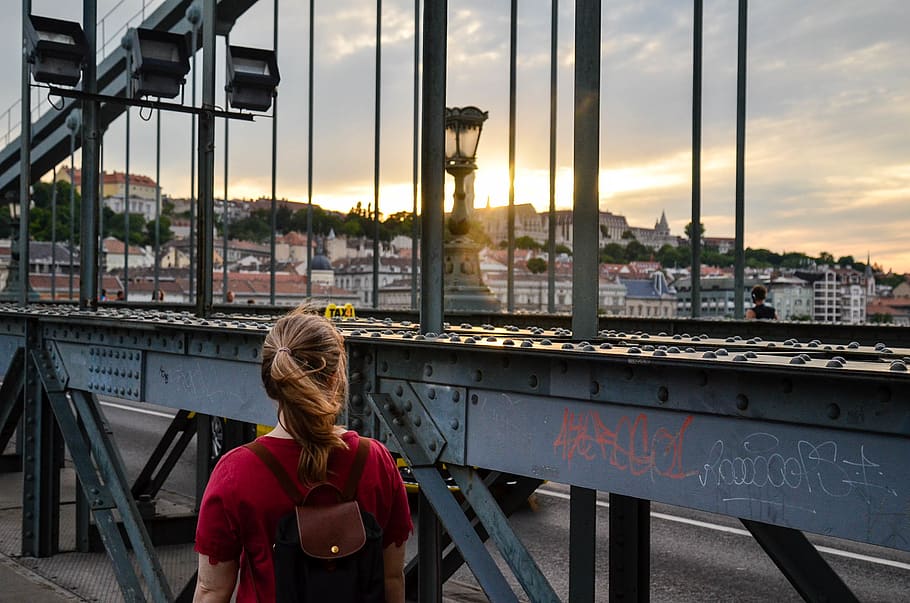Woman Standing Facing a Bridge, architecture, Budapest, city HD wallpaper