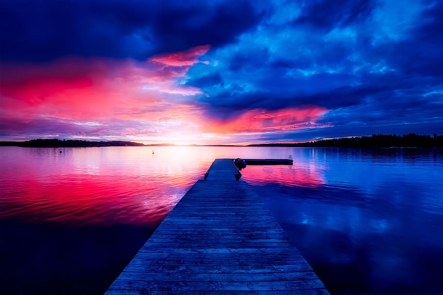 sweden, sunset, dusk, sky, clouds, lake, water, reflections HD wallpaper