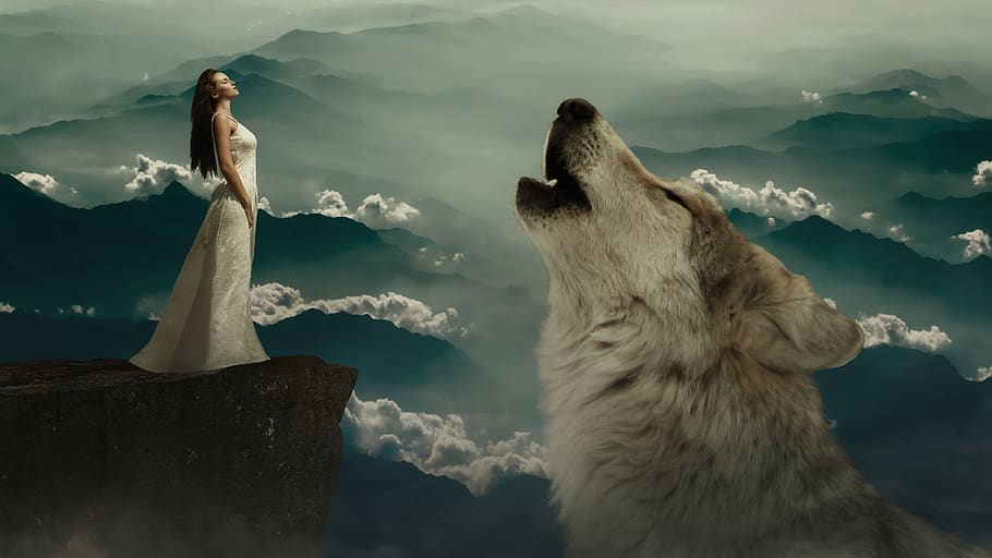 wolf, woman, fantasy, rock, fairy tales, dream world, composing, HD wallpaper