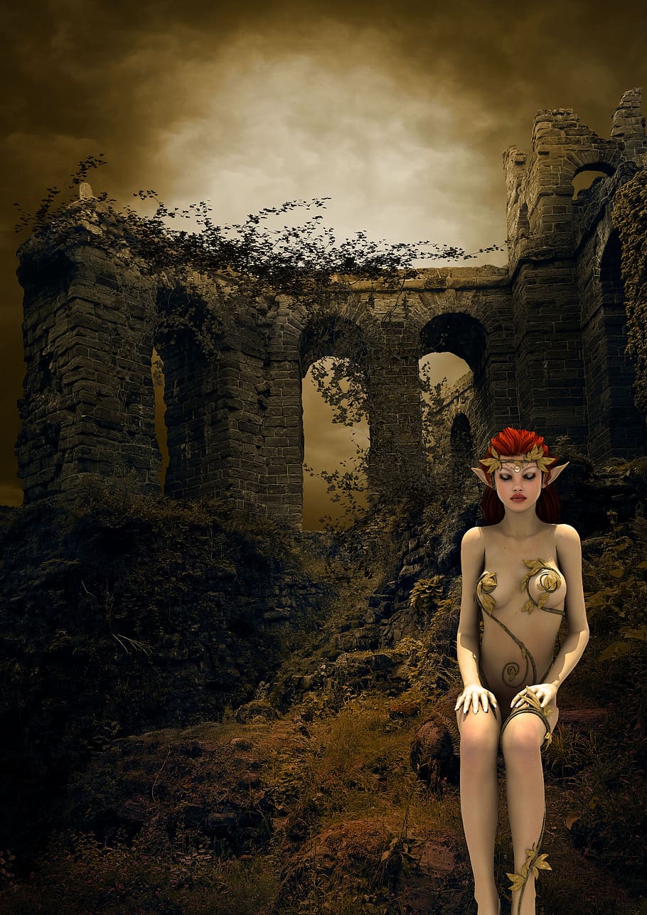 lonely, fantasy, halloween, surreal, girl, eleven, castle, leave HD wallpaper
