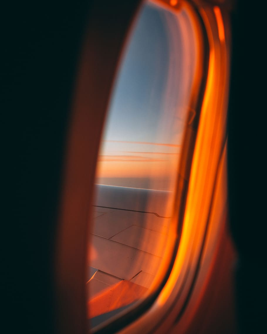 gray plane at the sky, golden hour, travel, window, wing, plane window