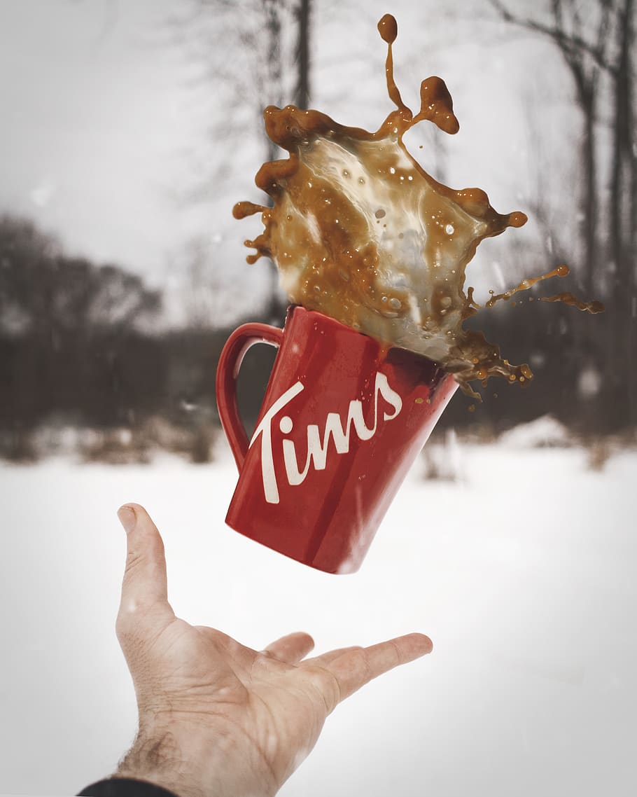 red Tims ceramic mug, human hand, human body part, cold temperature HD wallpaper