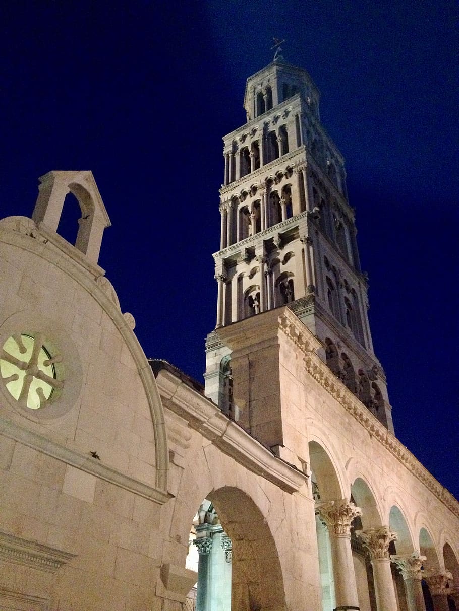 croatia, split, diocletian, tower, palace, roman, night, architecture, HD wallpaper