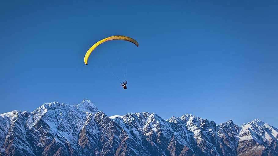 blue, sky, mountain, valley, snow, winter, cold, sport, paragliding HD wallpaper