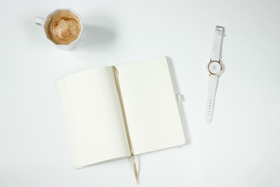 White Leather Strap Silver Round Analog Watch Next to Notebook HD wallpaper