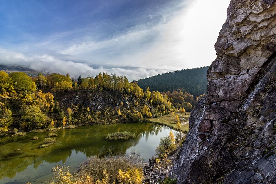 lake, forest, rock, sky, clouds, water, trees, nature, beauty in nature HD wallpaper