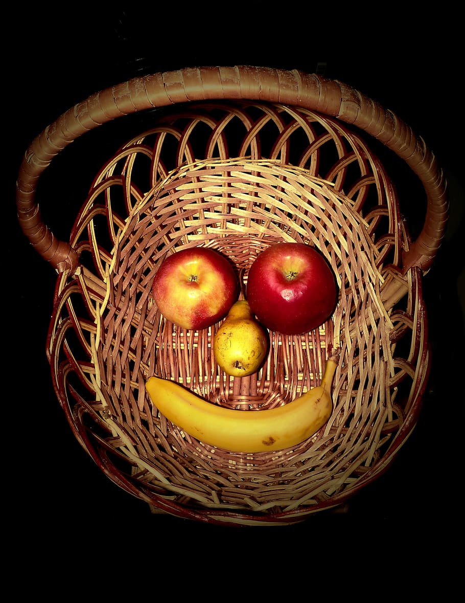 smiley, funny, smiling, basket, fruit, apples, pear, banana HD wallpaper