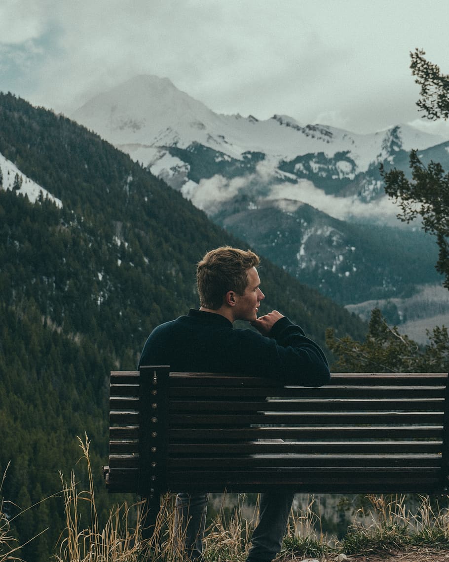 bench, man, mountains, overcast, person, sky, snow, solo, leisure activity HD wallpaper