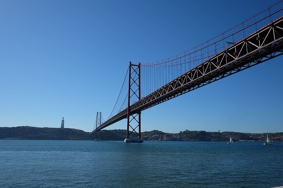 lisbon, lisboa, landmark, water, sky, transportation, connection HD wallpaper