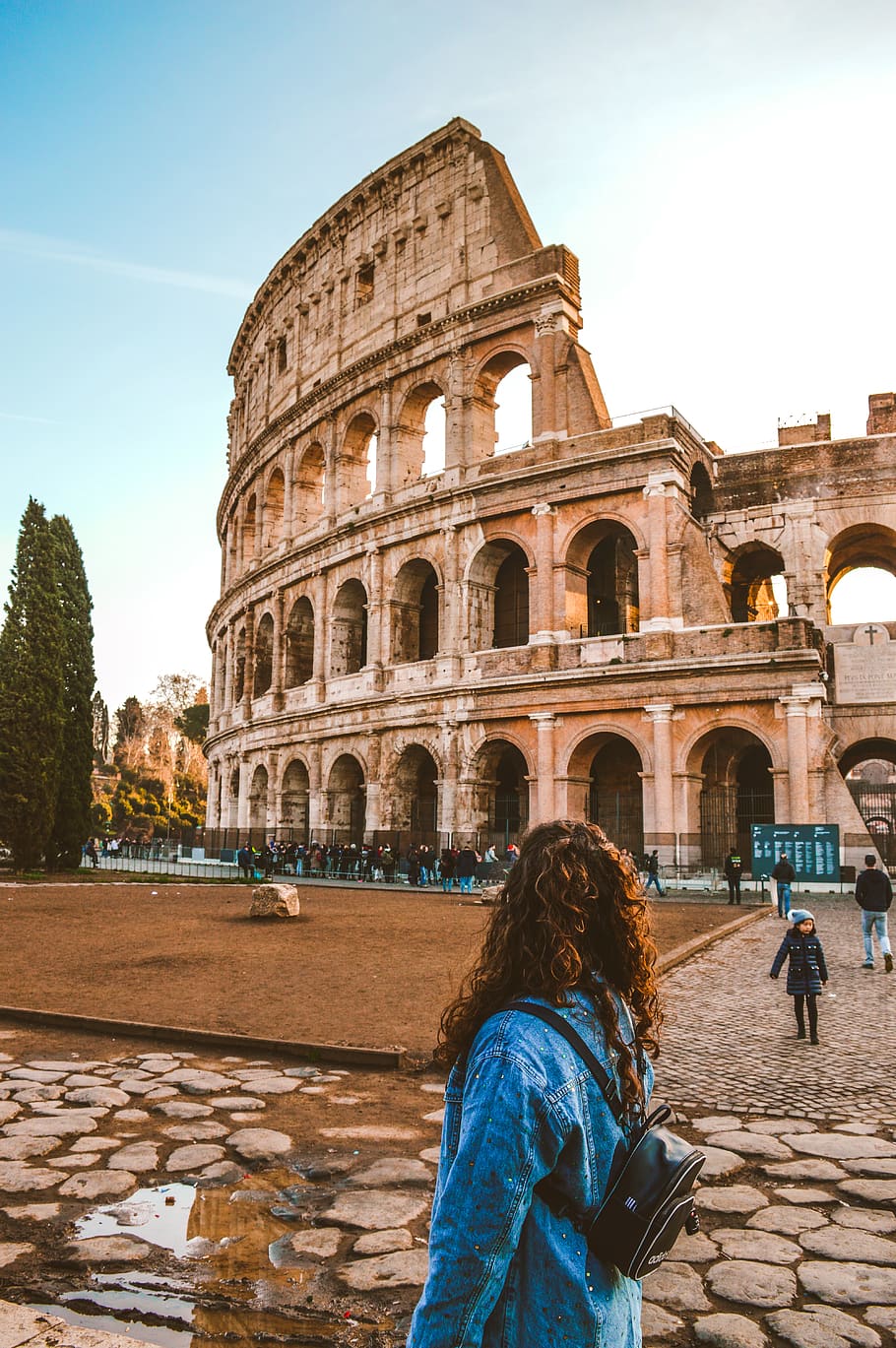 woman standing near Colosseum, Rome, human, person, people, architecture