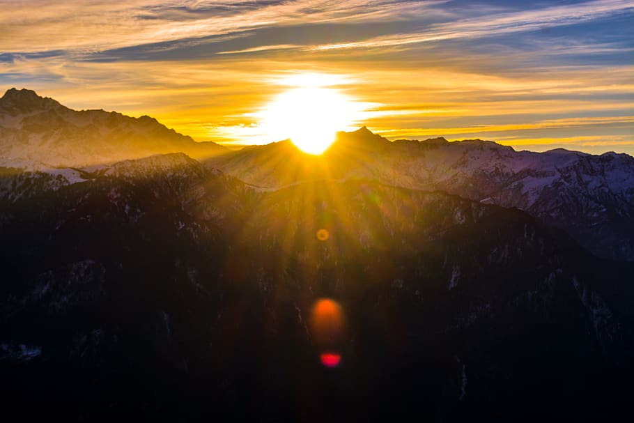 Silhouette of Mountains during Sunrise, backlit, beautiful, clouds HD wallpaper
