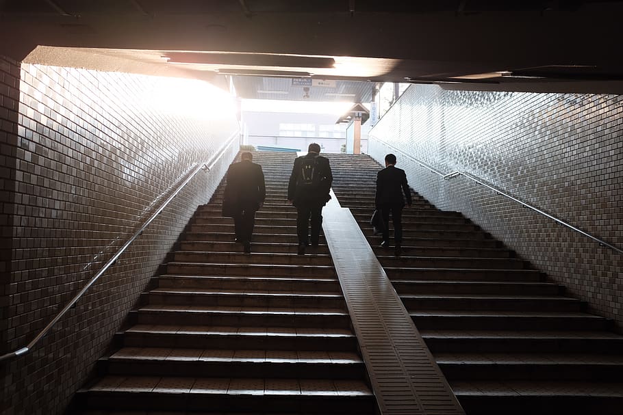 three man walking on stair, staircase, architecture, steps and staircases HD wallpaper