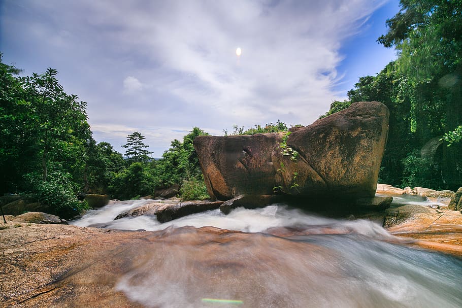 Brown Rock Formation, beautiful, boulder, cascade, clouds, daylight HD wallpaper