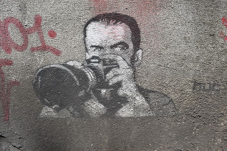 man holding DSLR camera illustration, graffiti, serbia, belgrade