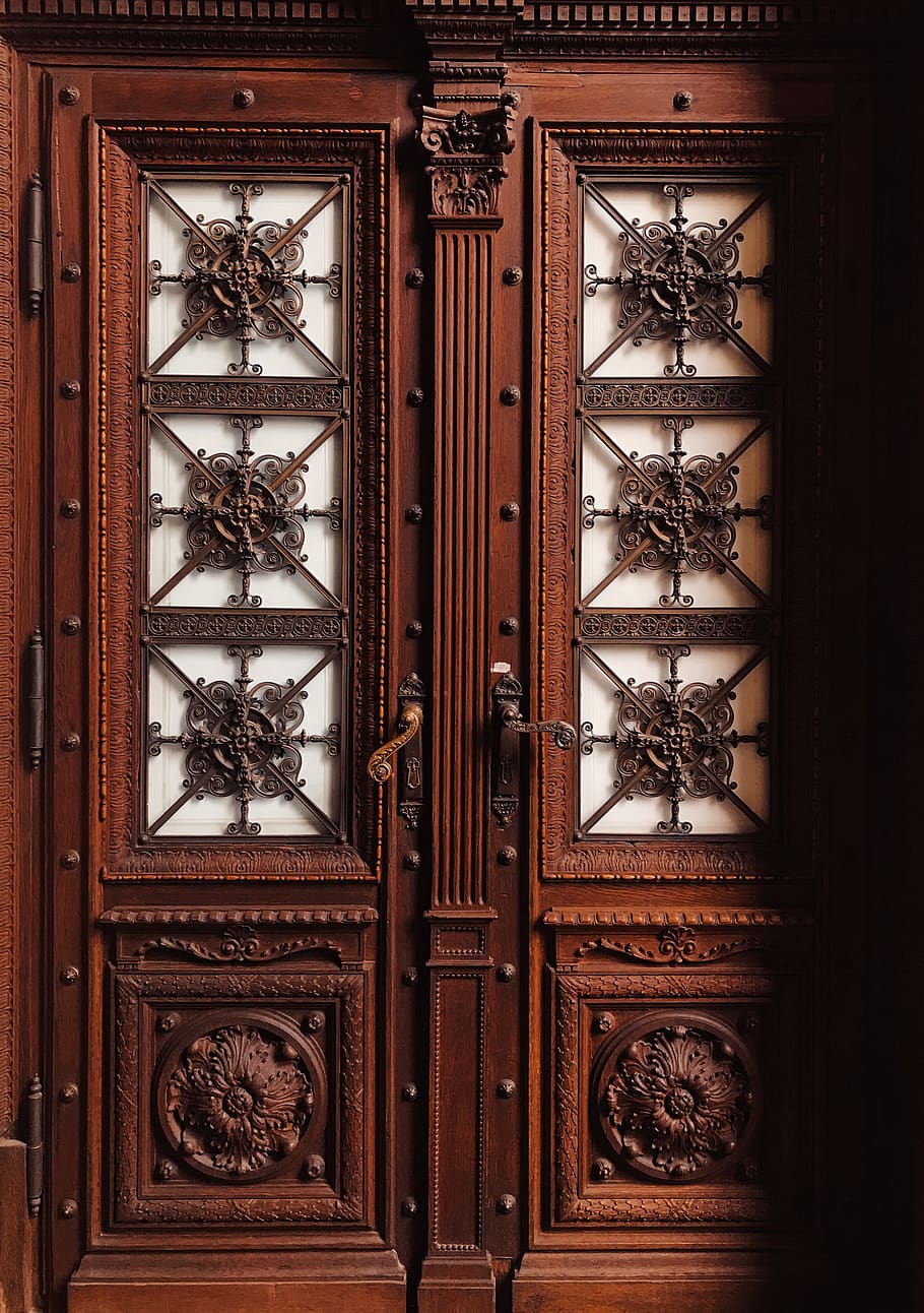 brown wooden floral carved door, hdwallpaper, travel, architecture, HD wallpaper