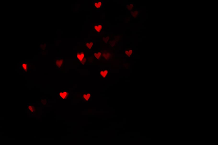 hearts, bokeh, red, black, valentines, black background, no people, HD wallpaper