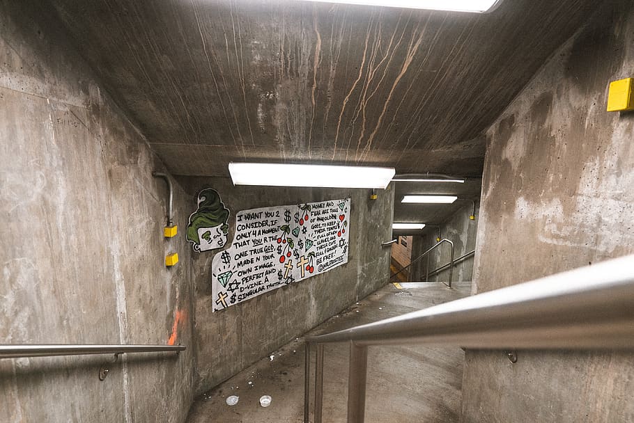 gray concrete pathway with wall signages, indoors, architecture HD wallpaper