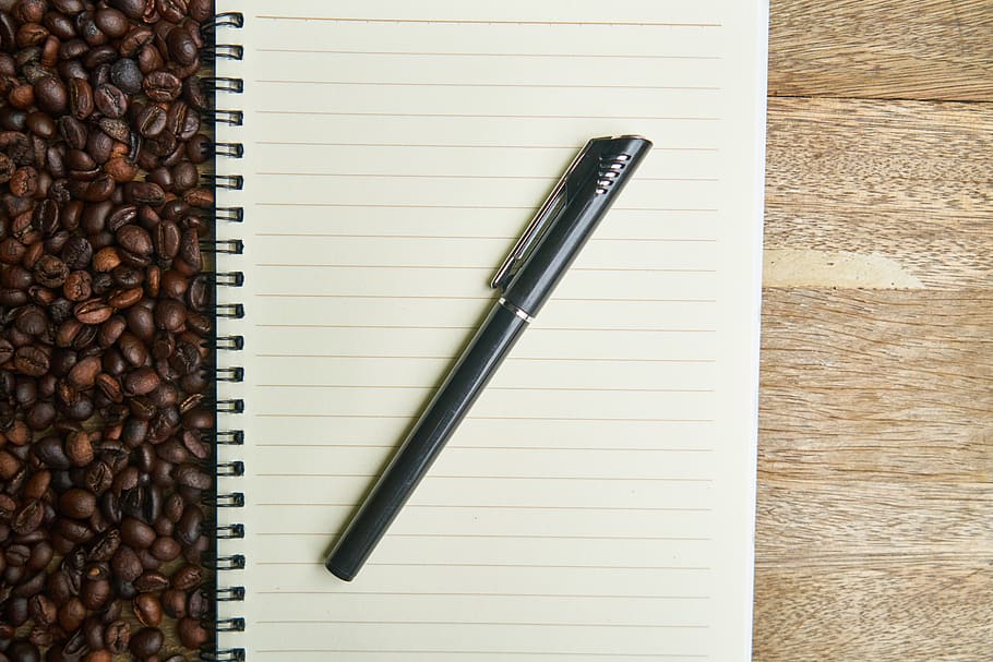 Black Ballpoint Pen on Notebook, blank, brown, close-up, coffee beans HD wallpaper
