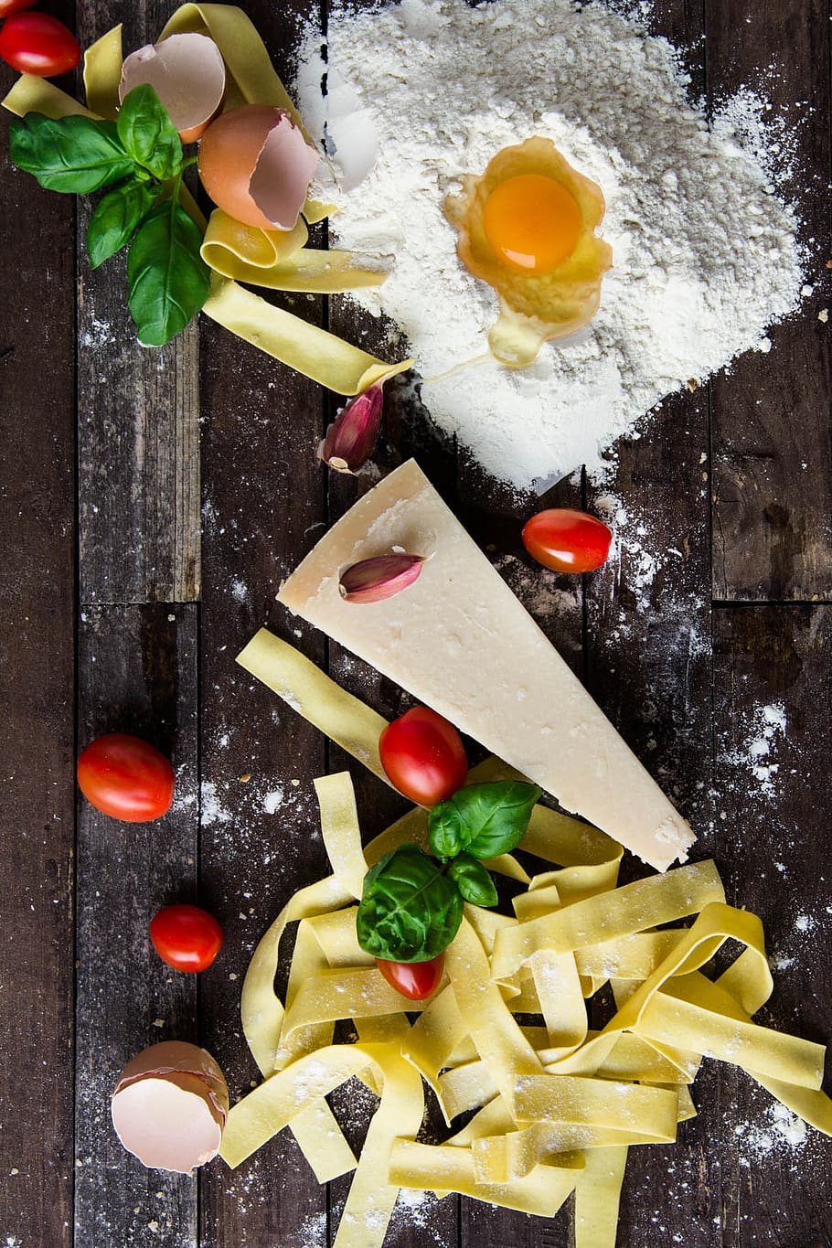 Pasta Tomatoes and Flour With Egg Shells on Table, basil, cheese HD wallpaper