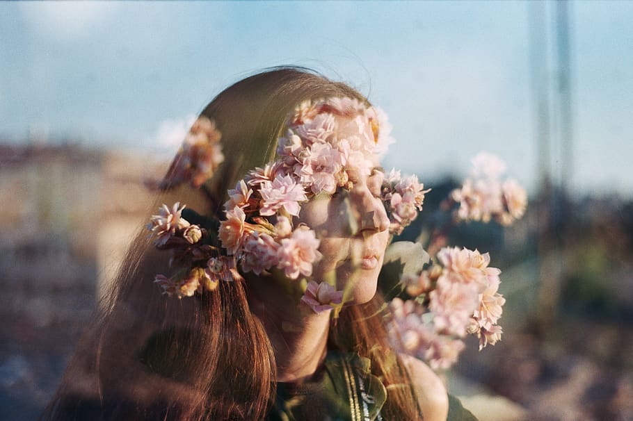 pink-petaled flowers, flowering plant, one person, headshot, portrait HD wallpaper
