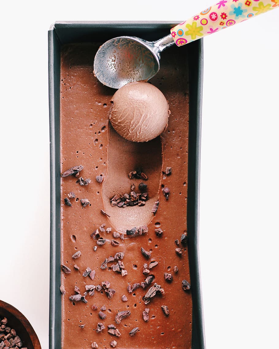 Scooped Chocolate Ice Cream in Black Container, cold, dark, delicious HD wallpaper