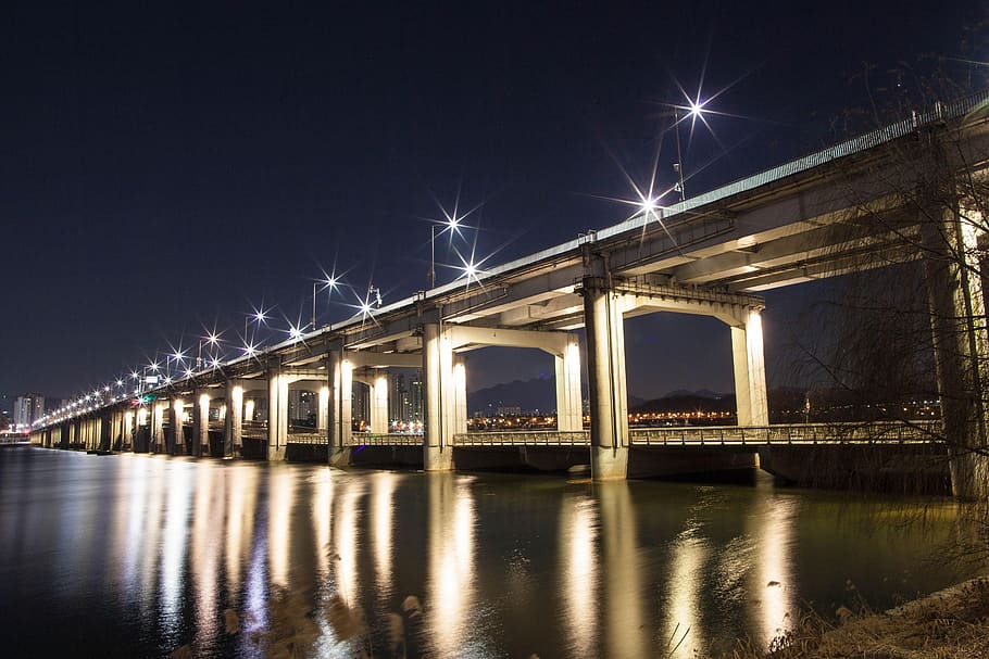 diving school, night view, bridge, high road, water, built structure HD wallpaper