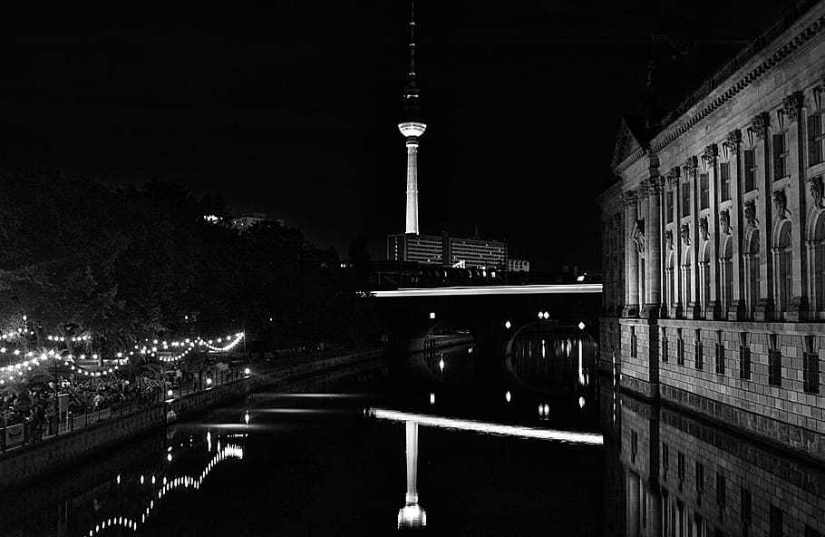 Grayscale Photo of City at Night, Alexanderplatz, architecture, HD wallpaper