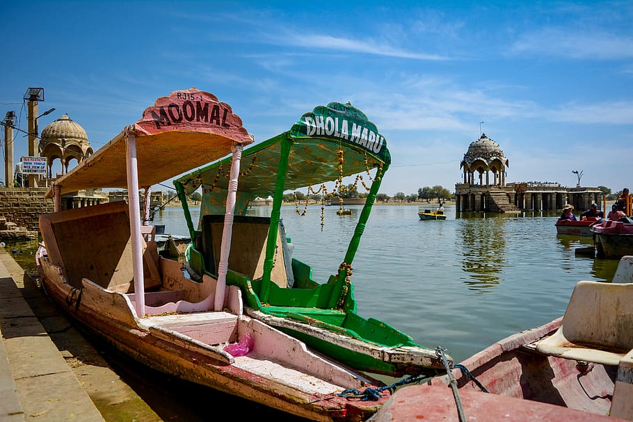 boats, india, culture, travel, jaisalmer, lake, water, nautical vessel, HD wallpaper