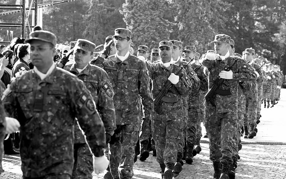 Army Walking, action, administration, black and white, black-and-white, HD wallpaper