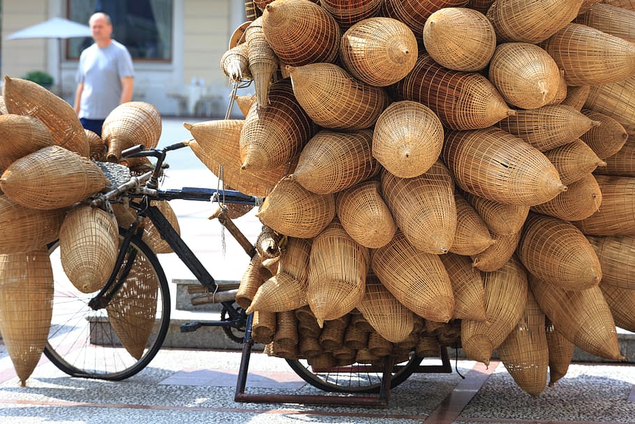 Bicycle Loaded With Brown Sacks, baskets, close-up, daylight HD wallpaper