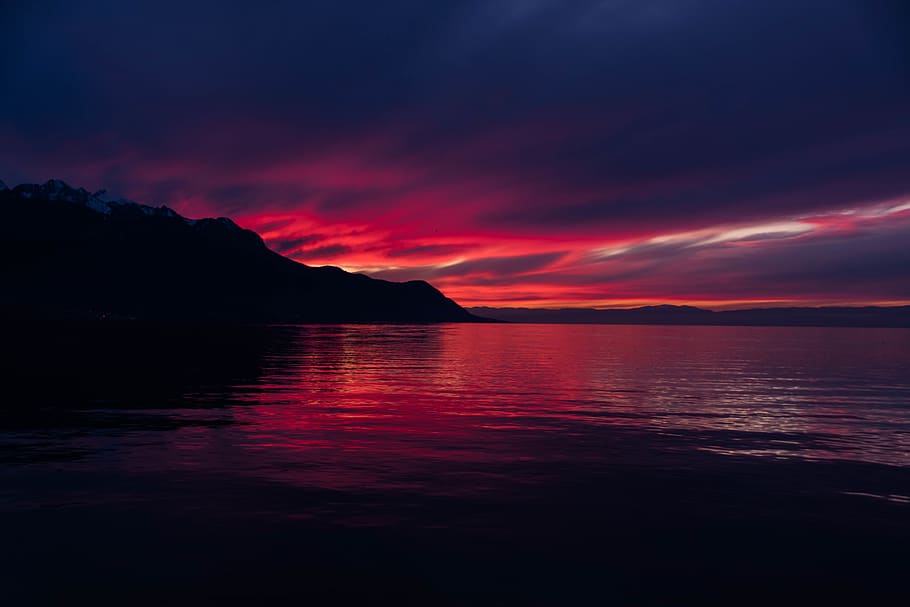 calm sea during sunset view, water, sky, scenics - nature, mountain HD wallpaper