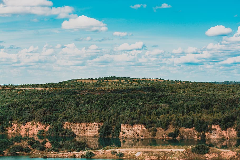 Landscape Photography of Mountain, blue sky, cliff, clouds, daylight HD wallpaper
