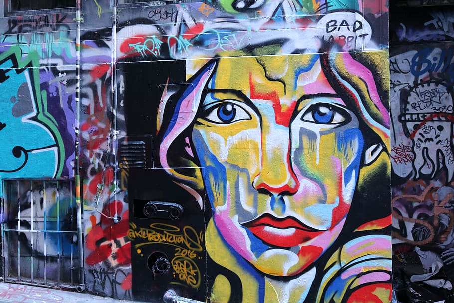 australia, melbourne, hosier lane, street art, face, graffiti