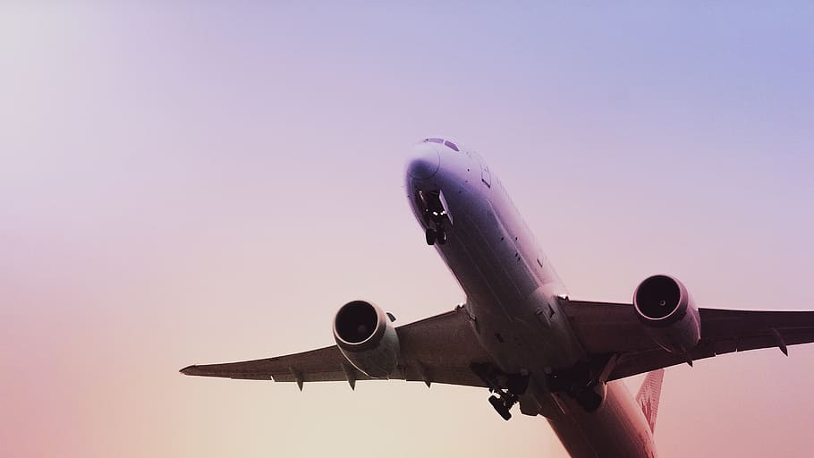 white Airplane, air vehicle, mode of transportation, sky, flying HD wallpaper