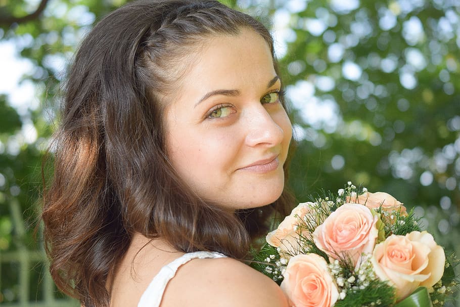 face, bride, happy, model, bouquet, girl, plant, portrait, flower HD wallpaper