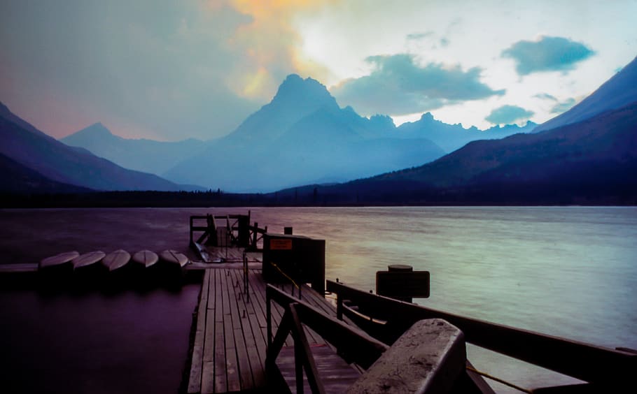 mountains, colors, clouds, cloudscape, water, lake, trees, yellow HD wallpaper