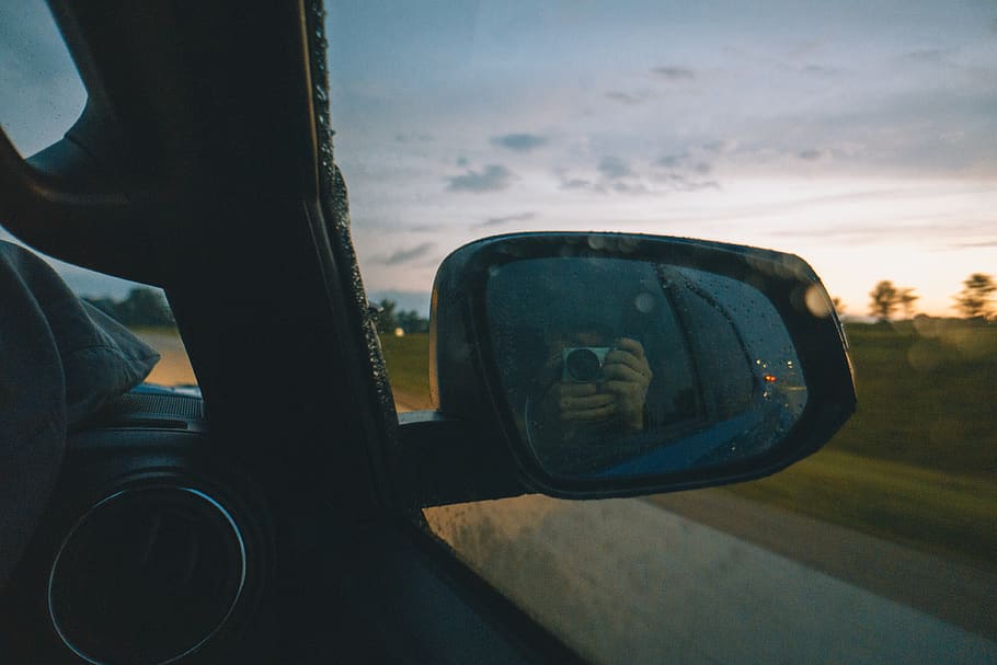camera, drive, wide angle, trip, morning, dawn, sunrise, self-portrait HD wallpaper