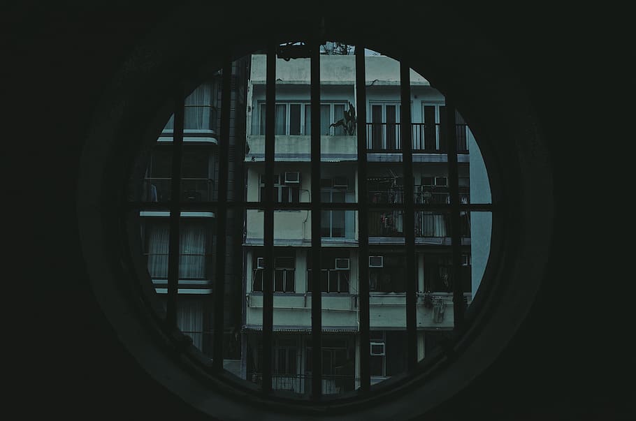 circle, window, building, city, hongkong, dark, outside, geometric shape HD wallpaper