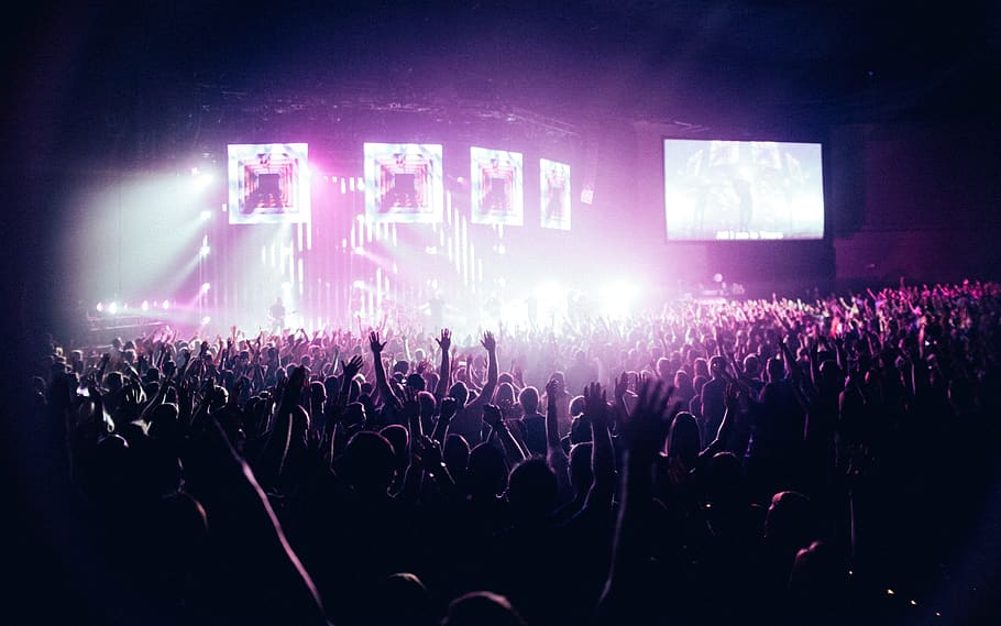 people, crowd, stage, spotlight, concert, stadium, lights, night HD wallpaper