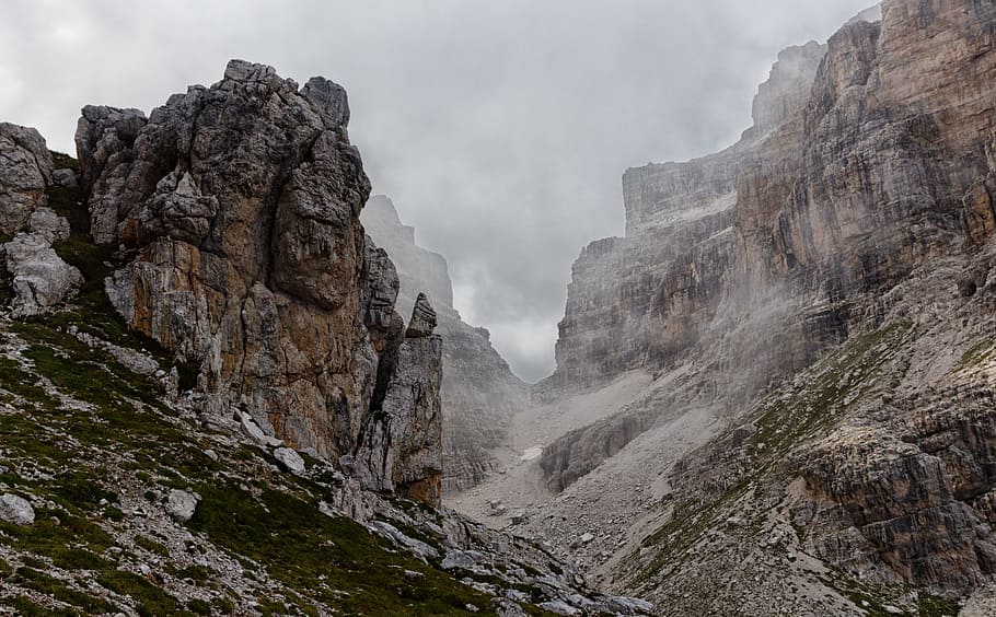 rocky mountains, fog, valley, cliff, nature, landscape, rugged HD wallpaper