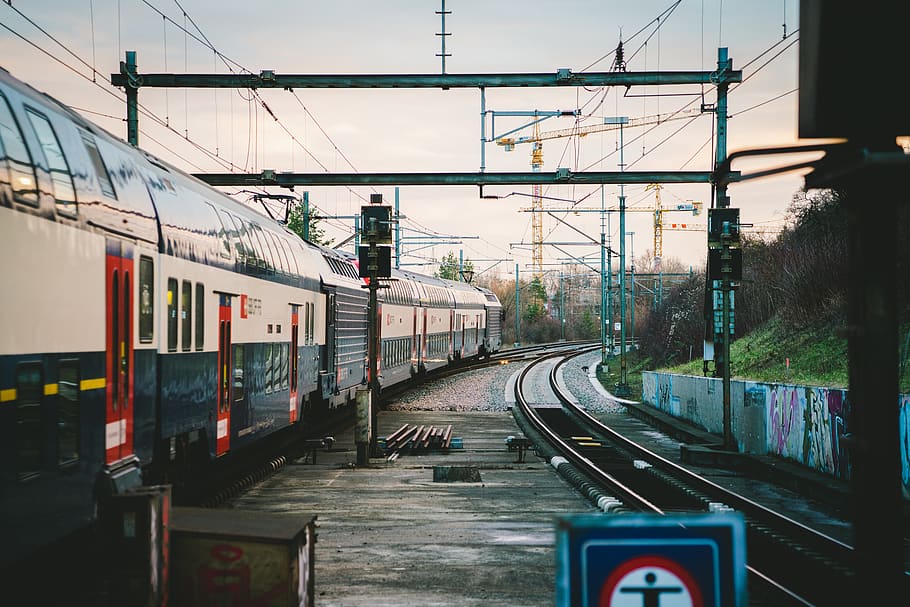 train under white sky, railway, train track, transportation, vehicle, HD wallpaper