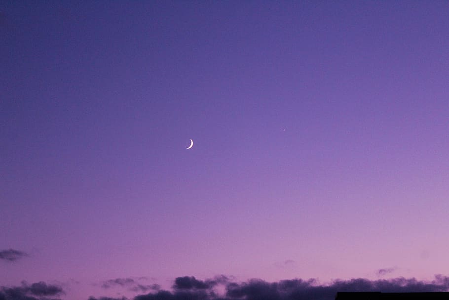 crescent moon, sky, purple sky, night sky, sunset, dawn, nature, HD wallpaper