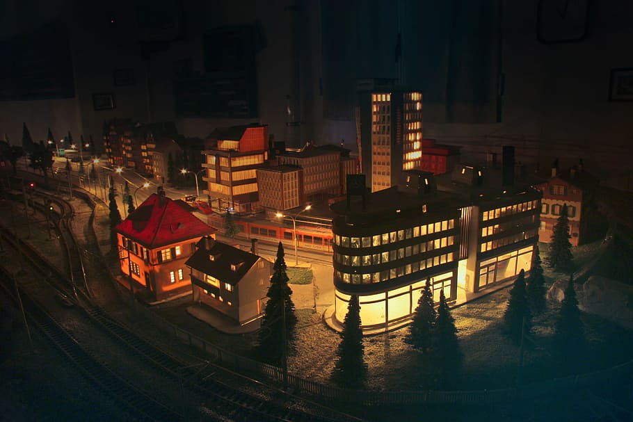 Design Model Of Miniature Houses Near Railway Station With Night Lights HD wallpaper
