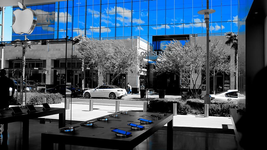 apple store, blue, clouds, architecture, building exterior HD wallpaper