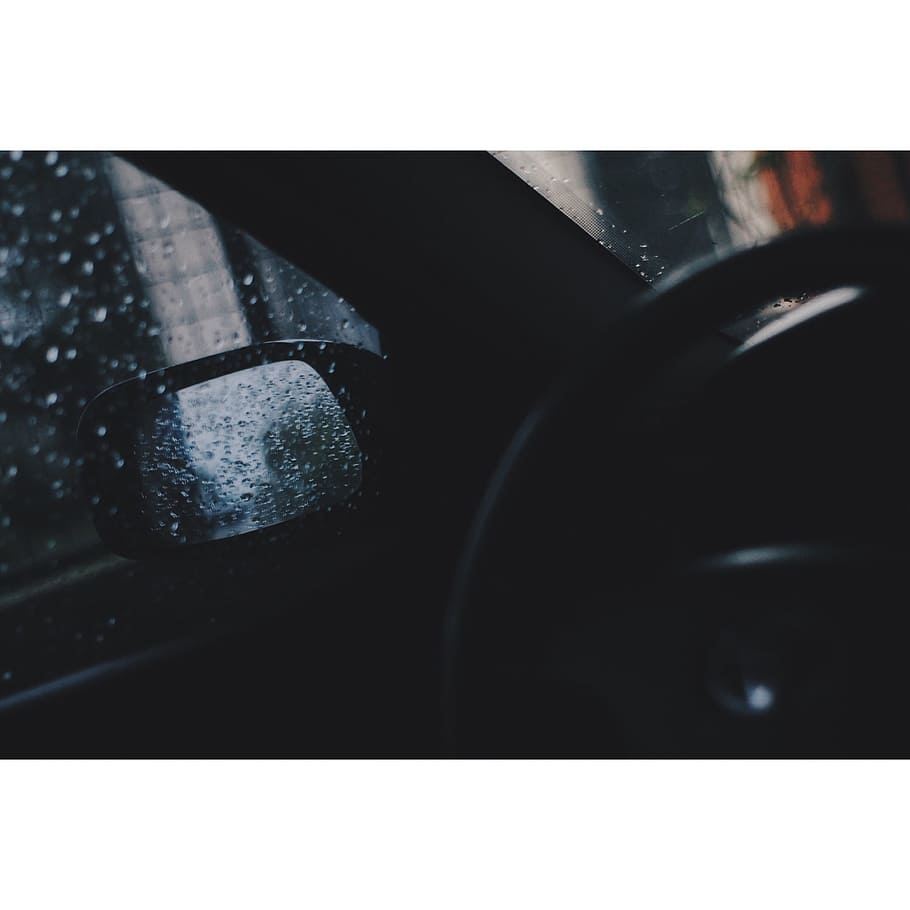 black vehicle interior, rain, droplet, window, car, steering wheel HD wallpaper