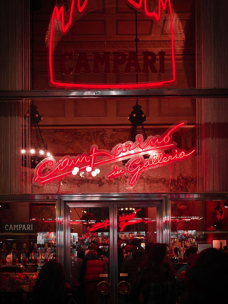 Campari LED signage, red, group of people, illuminated, real people