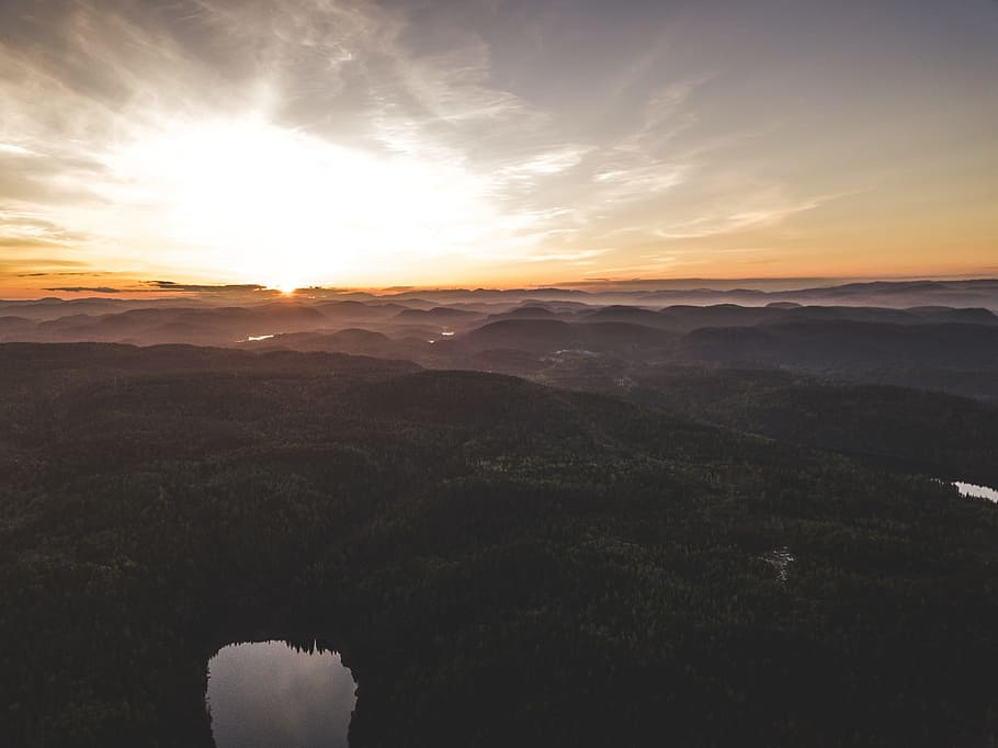 Aerial Photo of Mountains during Sunset, backlit, clouds, dawn HD wallpaper