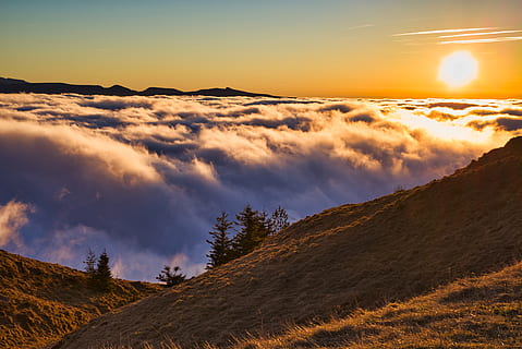 landscape, mountain, summit, clouds, sunset, countryside, nature HD wallpaper