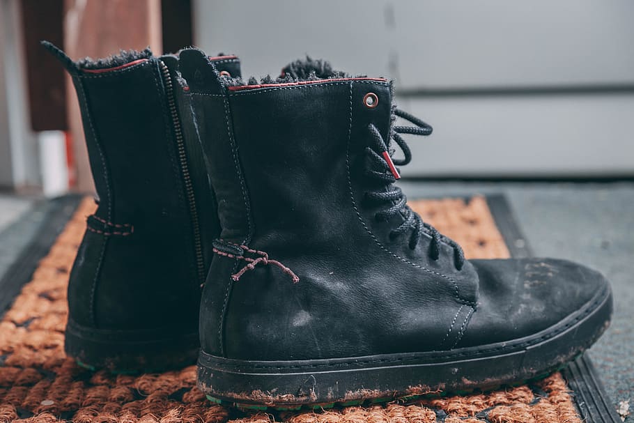 Pair of Black Lace-up Boots on Area Rug, classic, close-up, color HD wallpaper